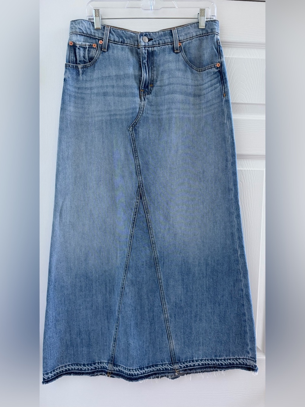 Lucky Brand Distressed Denim Flowy Maxi Skirt Frayed Hem - Size 4 / 27 EUC